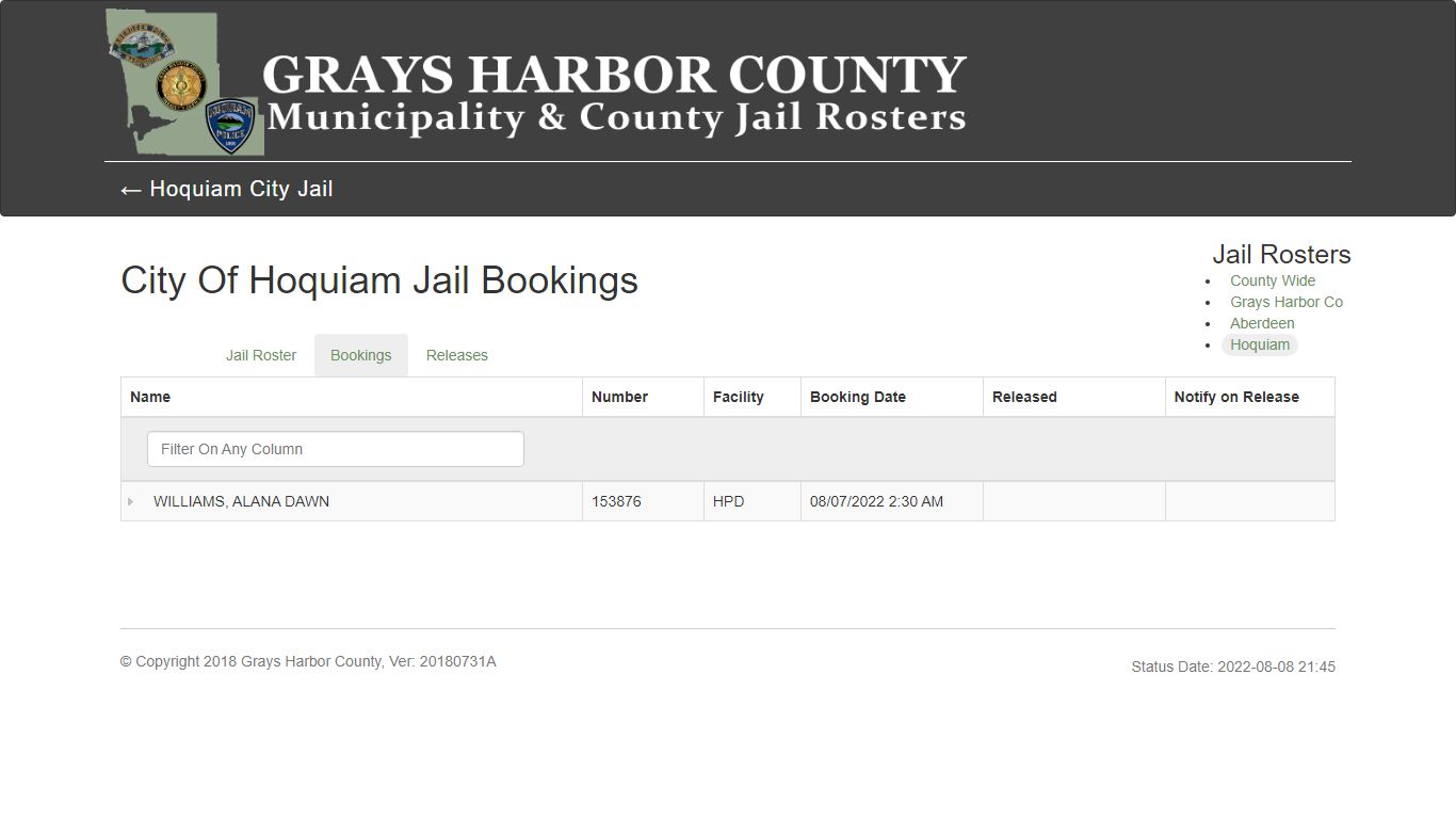 City Of Hoquiam Jail Bookings - County Wide Jail Roster